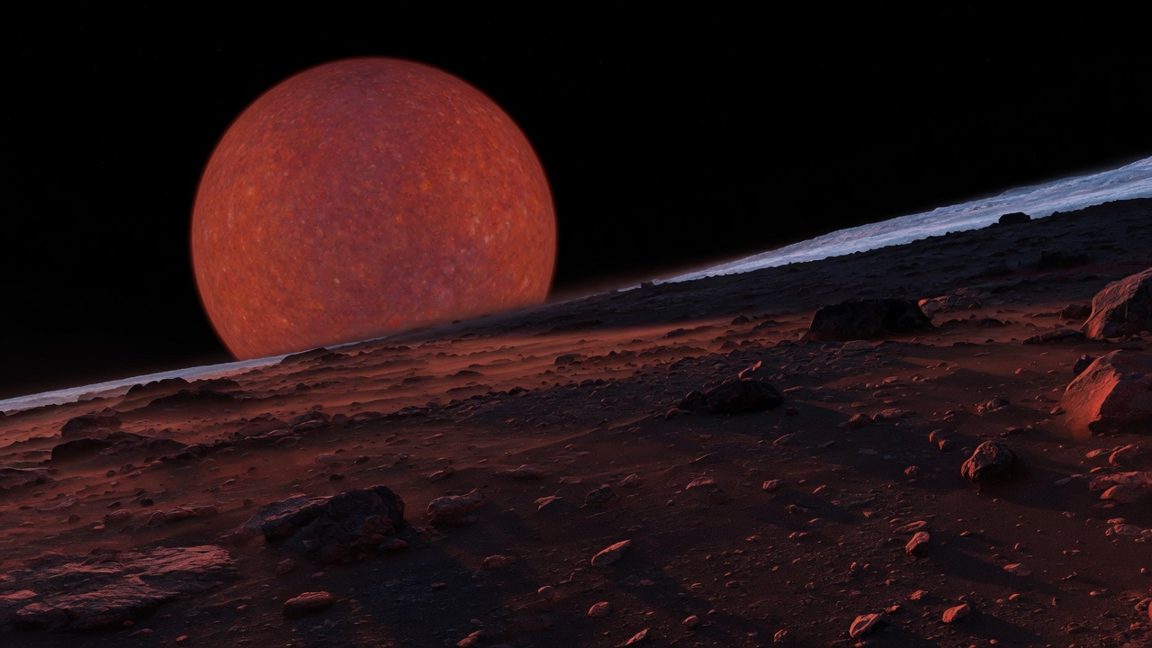 Artist’s impression of Wolf 1061 c: VIEW 1 · ON THE SURFACE
